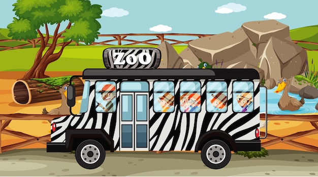 Scena zoo z dziećmi w trasie autobusowej