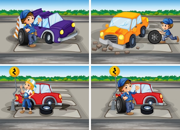 Sceny Wypadku Z Uszkodzonym Samochodem I Mechaniką