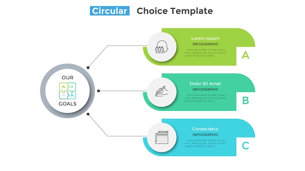 Schemat Blokowy Z 3 Okrągłymi Białymi Elementami Z Papieru Połączonymi Z Głównym Okręgiem. Koncepcja Trzech Głównych Celów Biznesowych Firmy. Nowoczesny Plansza Projekt Układu. Ilustracja Wektorowa Płaski Do Broszury, Raportu.