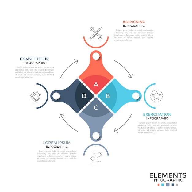 Schemat Kołowy Podzielony Na 4 Kolorowe Części Połączone Strzałkami, Symbolami Liniowymi I Miejscem Na Tekst. Pojęcie Cyklu Produkcji Przemysłowej. Nowoczesny Plansza Projekt Układu. Ilustracja Wektorowa.