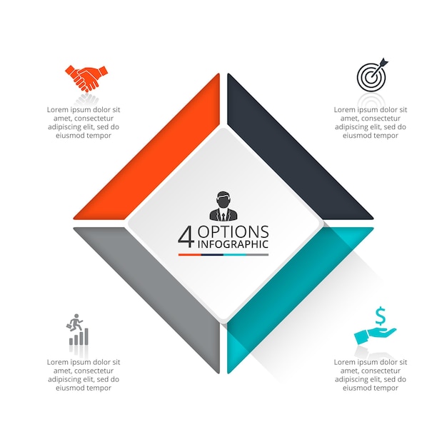 Schemat kwadratowy podzielony na 4 sektory. Szablon projektu infographic cyklu geometrycznego.