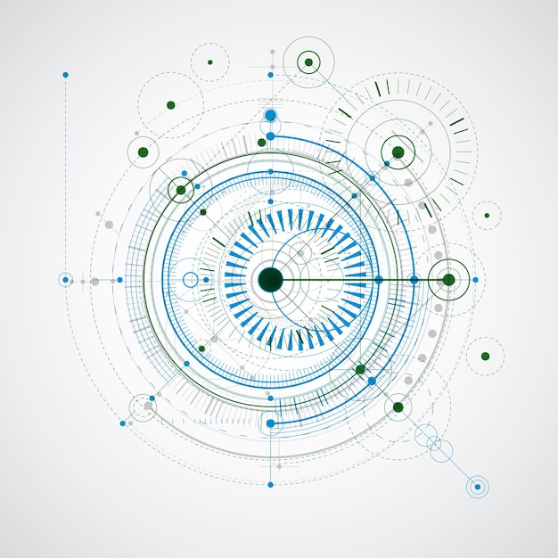 Schemat mechaniczny, niebieski i zielony rysunek techniczny wektora z okręgami i geometrycznymi częściami mechanizmu. Plan techniczny można wykorzystać w projektowaniu stron internetowych oraz jako tapetę.