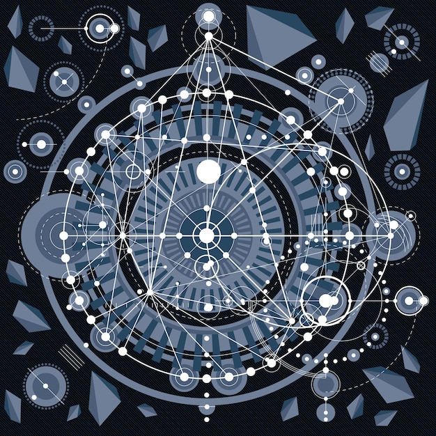 Schemat mechaniczny, wektorowy rysunek techniczny z geometrycznymi częściami mechanizmu. Futurystyczny projekt przemysłowy może być wykorzystany w projektowaniu stron internetowych oraz jako tapeta.