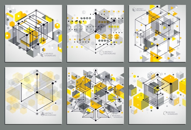 Schemat Mechaniczny, żółte Rysunki Techniczne Wektorowe Z Kostkami 3d I Elementami Geometrycznymi. Inżynierska Tapeta Technologiczna Wykonana Z Plastrów Miodu.