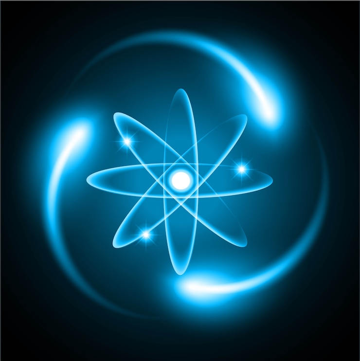 Wektor schemat niebieskiego lśniącego atomu.