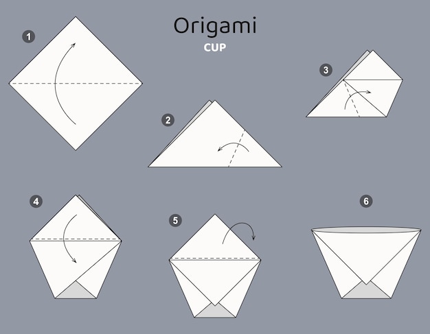 Schemat Origami Tutorial Cup. Pojedyncze Elementy Origami Na Szarym Tle. Origami Dla Dzieci.