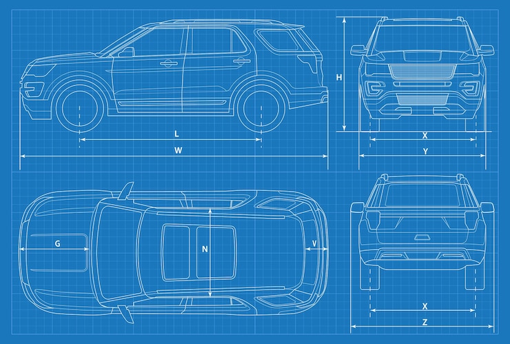 Wektor schemat samochodu terenowego lub plan samochodu suv. ilustracja wektorowa. pojazd terenowy w zarysie. biznes szablon wektor pojazdu. widok z przodu, z tyłu, z boku, z góry