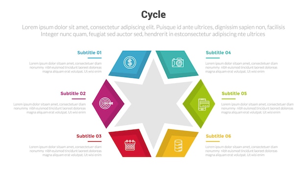 Plik wektorowy schemat szablonu infografiki cyklu lub cykli z centrum kształtu gwiazdy i 6-punktowym kreatywnym projektem do prezentacji slajdów