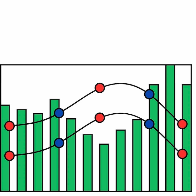 Plik wektorowy schemat wykresu słupkowego z linią czerwonych i niebieskich kropek