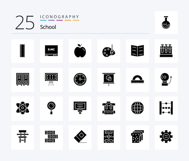 School 25 Solid Glyph Icon Pack, W Tym Zakładka Laboratoryjna Do Rysowania Zeszytu Szkolnego