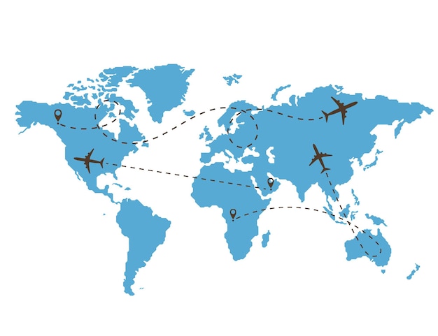Ścieżka Samolotu Na Tle Mapy świata. Zestaw śladów Ikon Samolotu. Liniowy Tor Samolotu Pasażerskiego. Ilustracja Wektorowa.