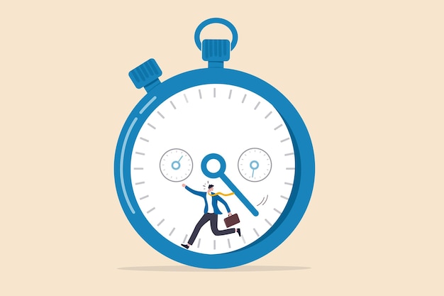 Plik wektorowy Ścigaj się z czasem, pospiesz się, aby zakończyć pracę w agresywnym terminie, odliczając czas, szybkość i wydajność do ukończenia koncepcji pracy, sfrustrowany biznesmen biegnący przed odliczaniem czasu.