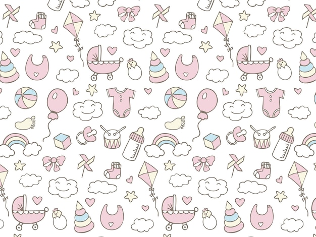 Seamless fun cute pattern of kids pink icons on transparent background Baby Shower Gender Party