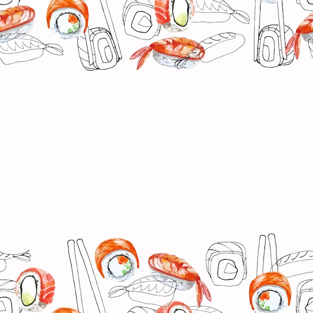 Seanless Granica Azjatycka Restauracja Owoce Morza Sushi Doodle I Akwarela Ilustracja