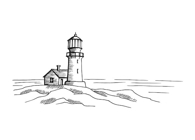 Seascape Lighthouse Ręcznie Rysowane Ilustracja Przekonwertowana Na Wektor Wybrzeże Graficzny Krajobraz Szkic Ilustracji Wektorowych