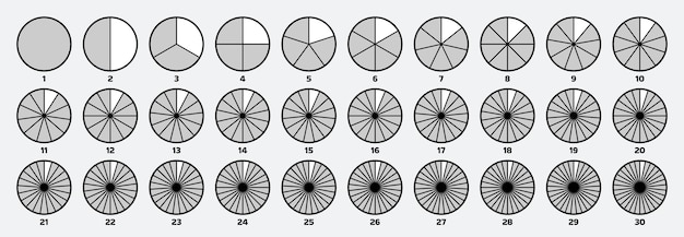 Segmented circles Circular segmentation diagrams with varying numbers of segments pie charts and fractions visualization Slice graphs for data presentation vector set