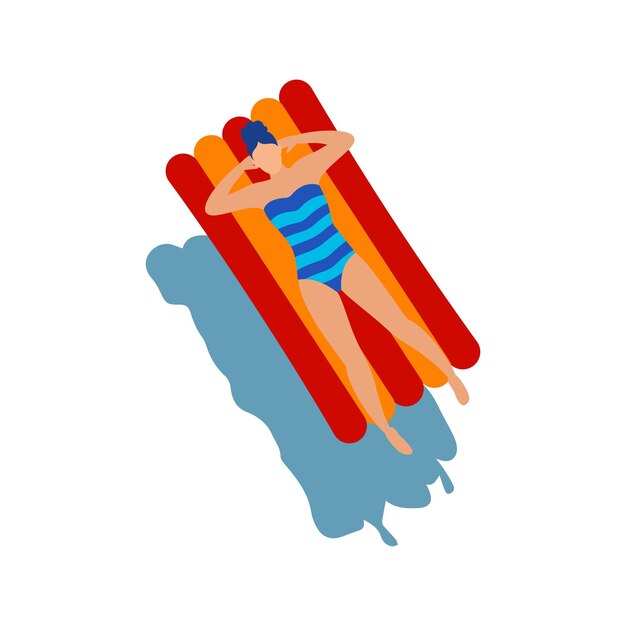 Plik wektorowy seksowna kobieta opala się i pływa na gumowym materacu kobieca postać na białym tle impreza przy basenie lub wypoczynek na plaży