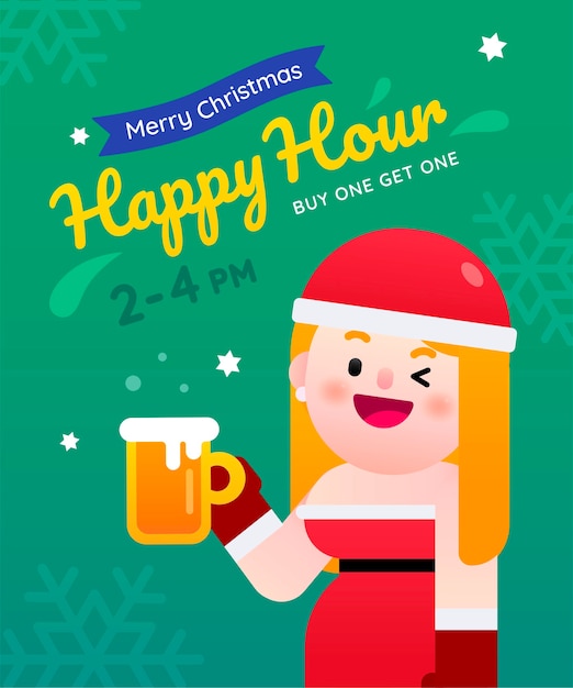 Plik wektorowy seksowna kobieta santa obchodzi boże narodzenie happy hour kupić jedno piwo