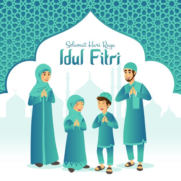 Selamat Hari Raya Idul Fitri To Kolejny Język Szczęśliwego Eid Mubarak W Języku Indonezyjskim. Kreskówki Muzułmańska Rodzina świętuje Eid Al Fitr Z Meczetem I Arabską Ramą