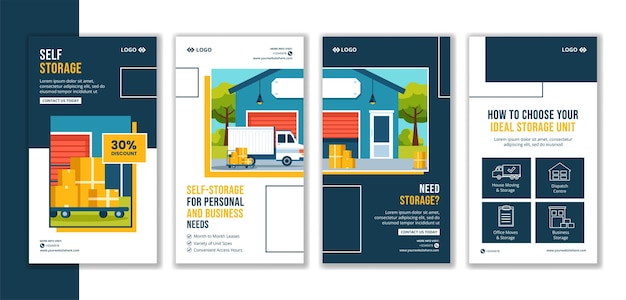 Self Storage Social Media Stories Płaskie kreskówki Ręcznie rysowane szablony Ilustracja tła
