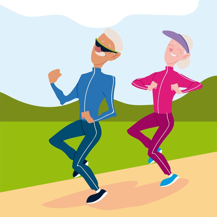 Wektor seniorzy aktywnych, stary mężczyzna i kobieta jogging znaków ilustracja
