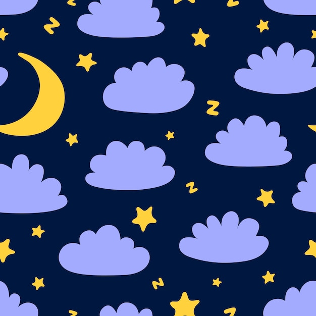 Plik wektorowy senny bezszwowy wzór z chmurami, księżycem i gwiazdami piżama tkaniny drukuj chmura sylwetka i żółty półksiężyc na nocnym niebie słodkich snów wektor tle