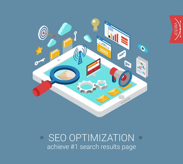 Seo optymalizacja pojęcie z analityka raportem obłoczny oblicza mobilny email wyszukiwarki magnifier interfejsu okno na pastylki isometric ilustraci