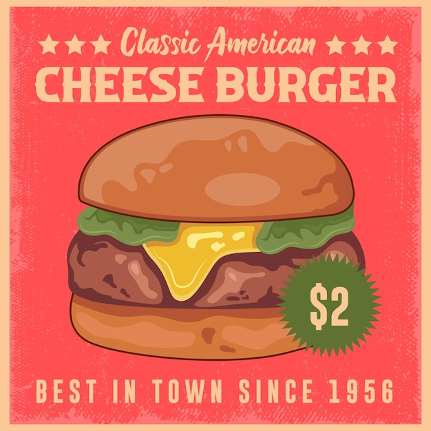 Plik wektorowy ser burger fast food reklama retro plakat wektor szablon