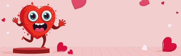 Plik wektorowy serce maskotka ucieka pot na podium z małymi czerwonymi sercami na różowym tle tekstury deski i miejsca kopiowania