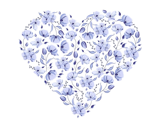 Serce Z Malowanych Delikatnych Niebieskich Kwiatów Z Liśćmi I Pąkami Projekt Ilustracji Na Zaproszenie