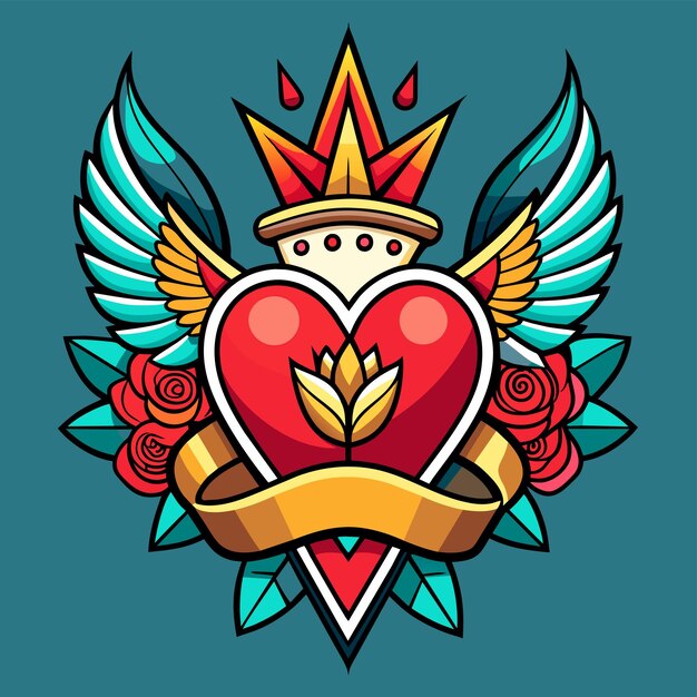 Plik wektorowy serce z różami walentynki czerwona miłość ręcznie narysowana postać z kreskówek naklejka ikonka koncepcja odizolowana