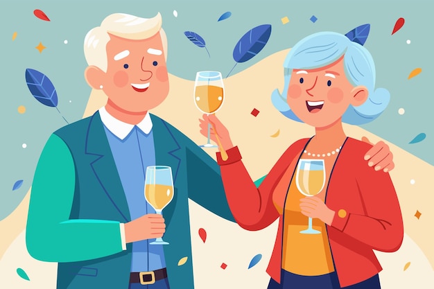 Plik wektorowy serdeczna ilustracja starszej pary cheers drink w chwili przyjemności