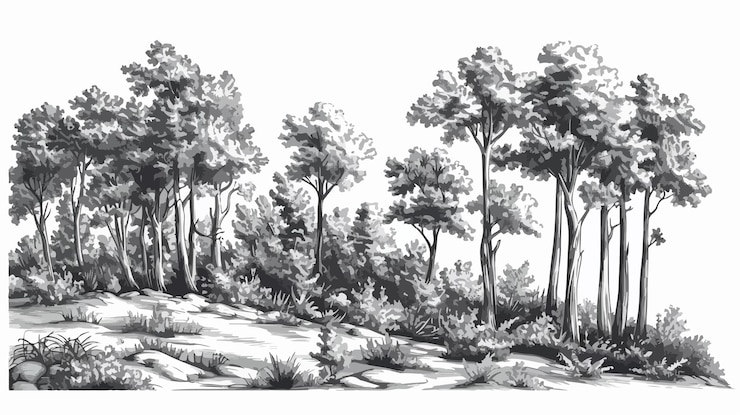 Wektor serene forest panoramic woodland landscape ręcznie narysowana ilustracja