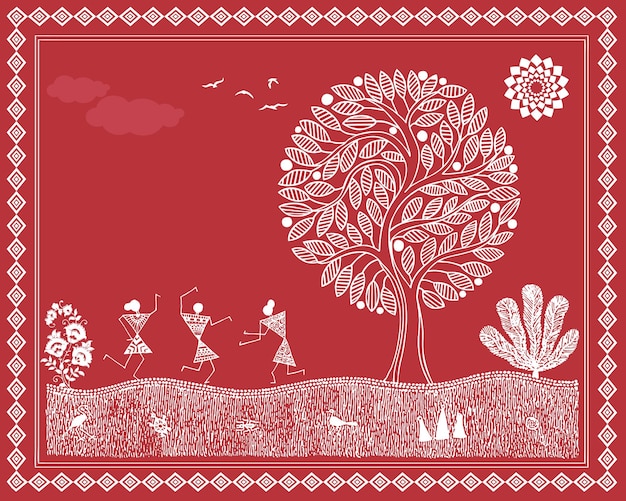 Plik wektorowy serene rural bliss warli tree painting warli tree art rural enjoyment tradycyjny indyjski