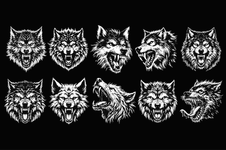 Wektor set bundle dark art wolf beast roar horror wild life night vintage grunge ilustracja tatuażu