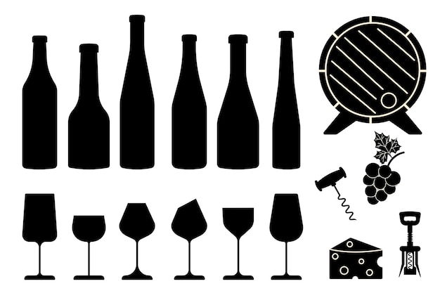 Set butelek i kieliszek do wina lub szampana napojów alkoholowych w różnych kształtach