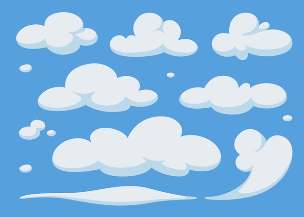 Set kreskówek chmury na niebieskim niebie.