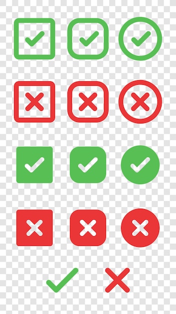 Set of green check marks and red X marks in various shapes Check marks and X marks for approval and rejection Symbols for correct and incorrect choices Vector element set
