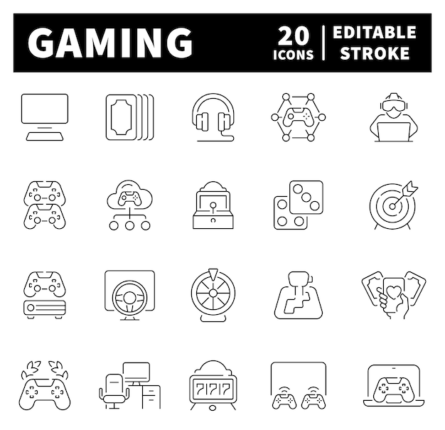 Set of outline icons related to gaming and video games