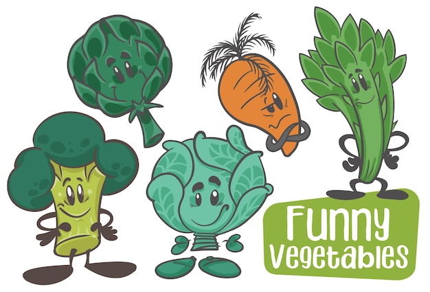 Set warzywa Śmieszny postać z kreskówki Wektor odizolowywający tło