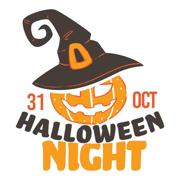 Sezonowe wakacje w nas, świętowanie nocy halloween nawet jesienią. 31 października, dynia z rzeźbioną twarzą w kapeluszu wiedźmy z paskiem. Creepy jack o lantern tajemniczy wektor znaków