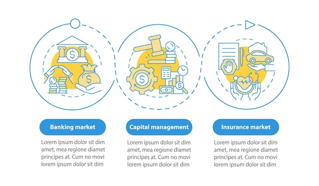 Sfery prawa finansowego wektor infographic szablon. Elementy projektu zarys prezentacji zarządzania pieniędzmi. Wizualizacja danych w 3 krokach. Wykres informacyjny osi czasu procesu. Układ przepływu pracy z ikonami linii