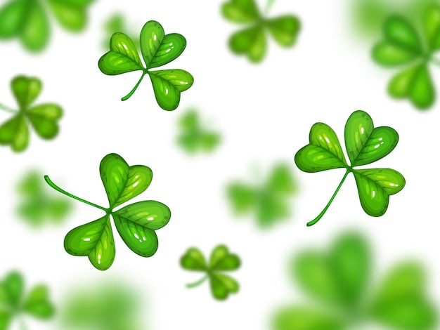 Shamrock Na Białym Tle Z Zamazanym Efektem. St Patrick Dzień Symbol, Kreskówka Zielona Koniczyna Losowo Latająca Na Białym Tle. Celtycka Tradycyjna Szczęśliwa Koniczyna, Wzór Koniczyny Lub Ornament