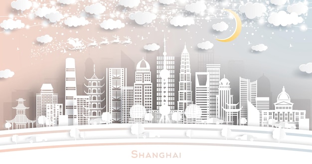 Shanghai China City Skyline W Stylu Paper Cut Z Płatkami śniegu, Księżycem I Neonową Girlandą. Ilustracja Wektorowa. Koncepcja Boże Narodzenie I Nowy Rok. święty Mikołaj Na Saniach.