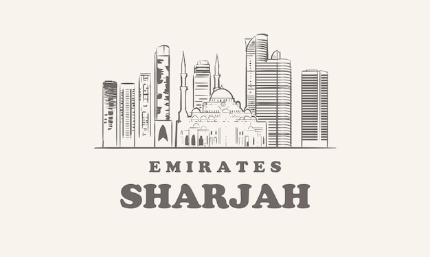 Sharjah Skyline, Emirates Ręcznie Rysowane Ilustracja