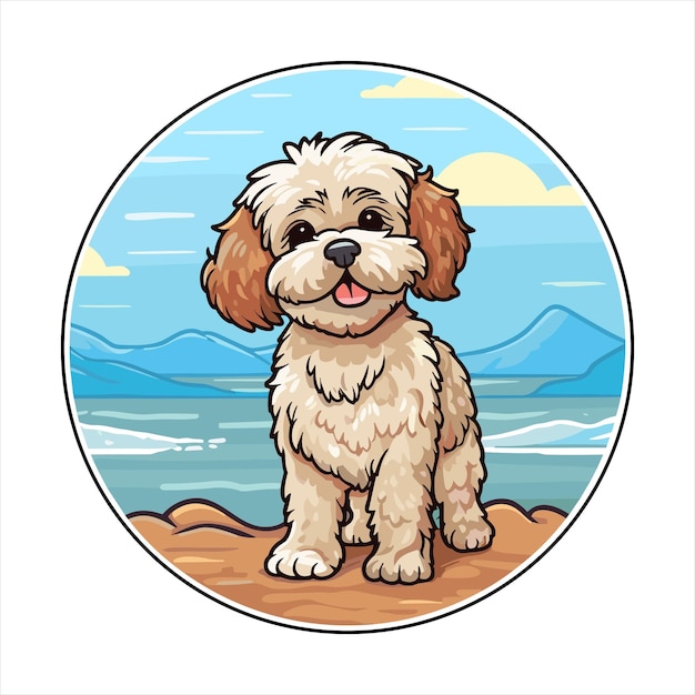 Plik wektorowy shih poo rasy psów urocza kreskówka kawaii postać plaża letnie zwierzę nalepka dla zwierząt domowych ilustracja