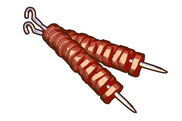 Shish Kebab Na Rożnie. Szaszłyki Mięsne W Rysunku Odręcznym