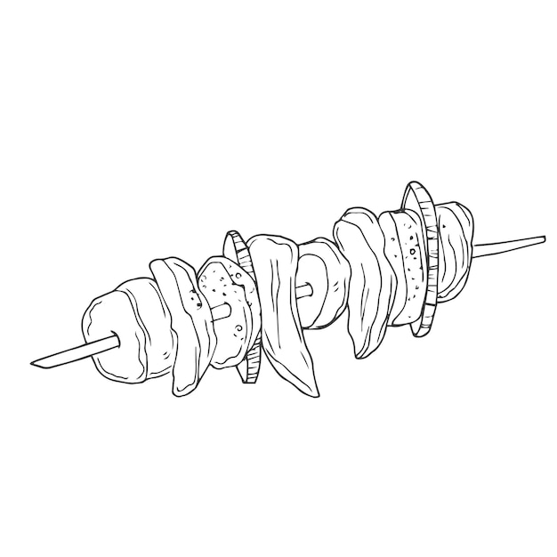 Shish kebab w ręcznie narysowanej ilustracji wektorowej w stylu szkicu izolowanej na białym tle