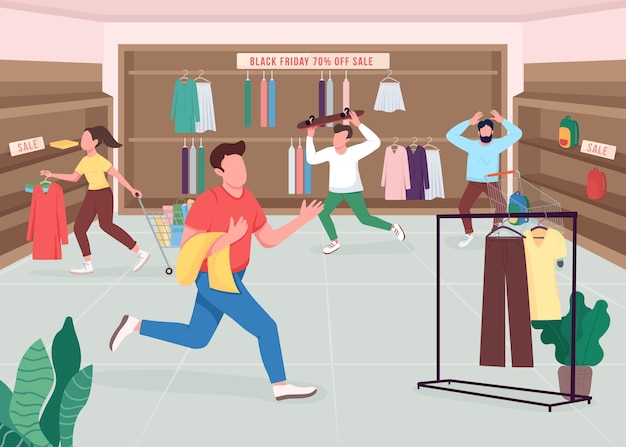 Shopaholics On Black Friday Flat Color Illustration. Sklep Odzieżowy W Sezonowej Wyprzedaży. Klienci Kupujący Zakupy. Kupujący Postaci Z Kreskówek 2d Z Butikowym Wnętrzem Na Tle