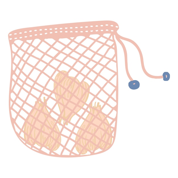 Siatkowa Torba Z Czosnkiem Do Ekologicznego życia Na Białym Tle Nabywca Mody Koncepcji Vegan Zero Waste Kolorowa Ręcznie Rysowana Ilustracja Wektorowa